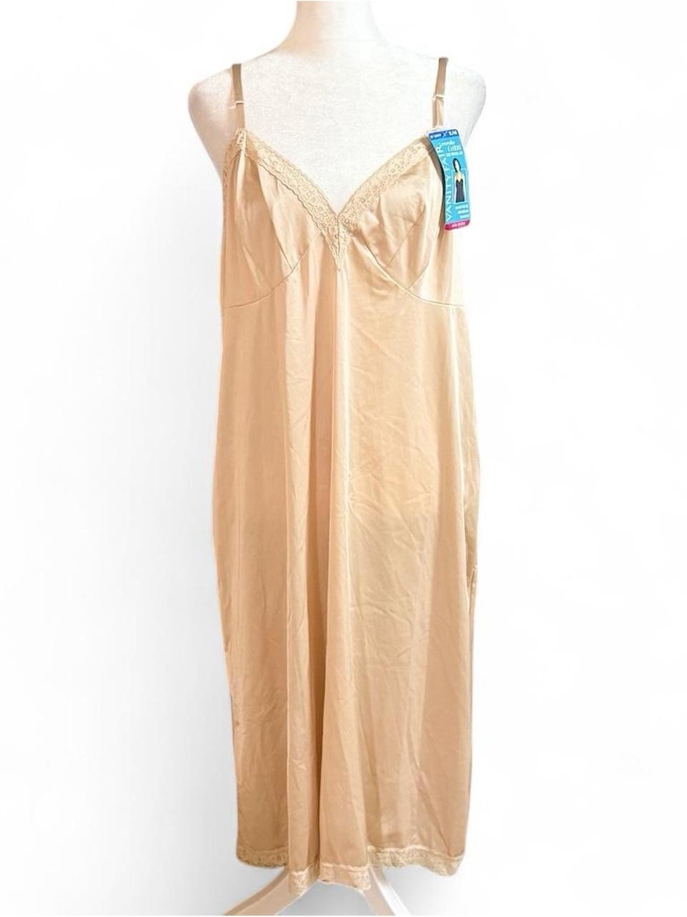 Vanity Fair NWT Plus Size 40 Nude Lace Trim Full Slip Dress XL Anti-Static